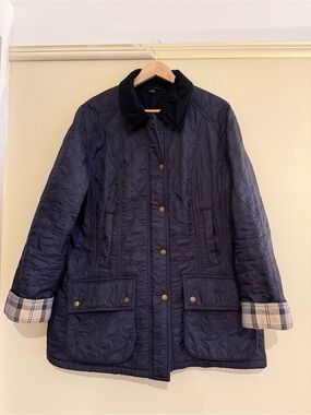 Sz14 Barbour Quilted Navy Women's Jacket with corduroy Collar plaid lining